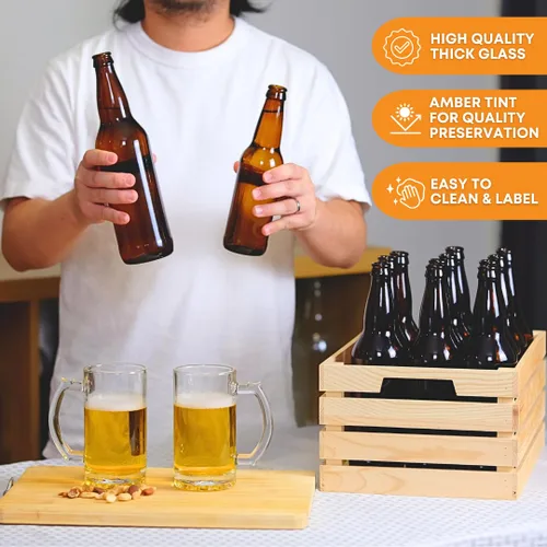 Vista 5 de FastRack Botellas de cerveza ámbar de 12 onzas (paquete de 24) Botellas de cerveza de vidrio de cuello largo con acabado de corona