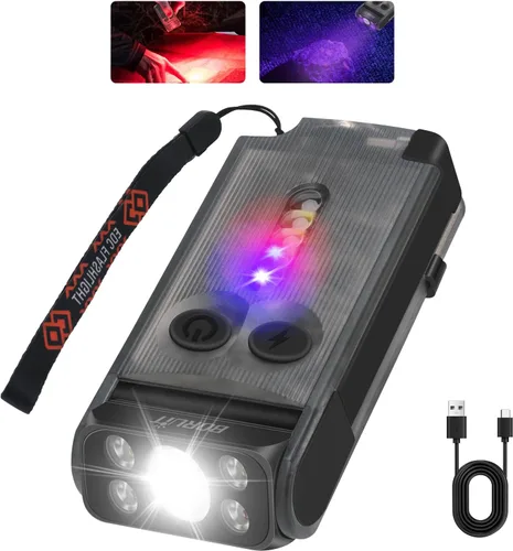 Vista 8 de BORUIT V30 EDC Linterna recargable, giro de 180°, con luz UV roja y verde Blanco