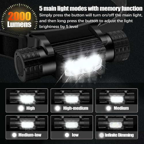 Vista 2 de Linterna frontal recargable, 2000 lúmenes, lámpara LED súper brillante para adultos, IP67 impermeable recargable con 9 modos, linterna de cabeza