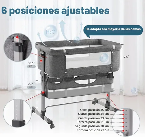 Vista 7 de Ihoming Moisés para bebé, cuna lateral con cesta de almacenamiento, cuna plegable fácil, cama ajustable para bebé recién nacido, gris