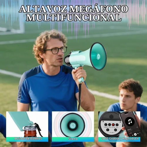 Vista 5 de Altavoz Megáfono Portátil de 30 Vatios con Voz, Sirena/Alarma y Grabación de 240S con Control de Volumen y Correa Verde azulado.