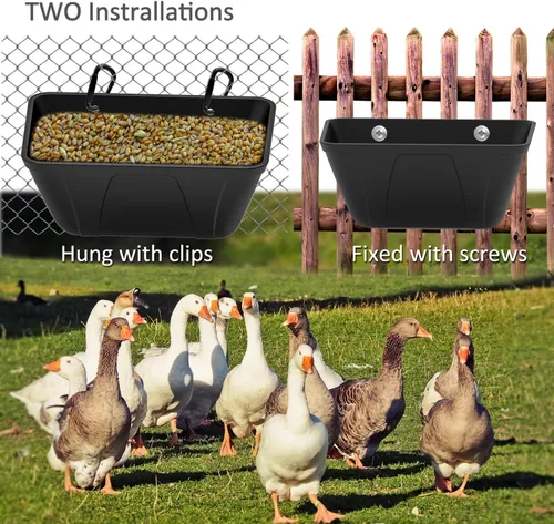 Vista 2 de Alimentador de valla colgante para pollo, pato, cabra, cerdo y aves de corral, comedero para pollo, contenedor de alimentación para ganado (negro)