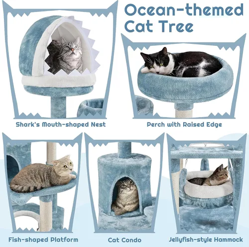 Vista 3 de Yaheetech Árbol para gatos con temática oceánica de 61 pulgadas de alto, torre para gatos de varios niveles con nido en forma de boca de tiburón