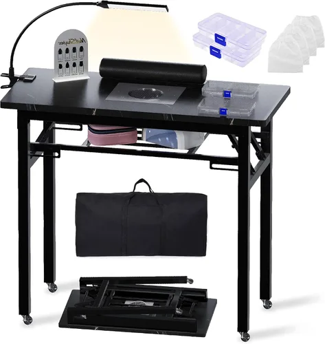 Vista 11 de Mesa de manicura plegable portátil con colector de polvo, escritorio de tecnología de uñas rodante con lámpara LED, reposamuñecas, ruedas