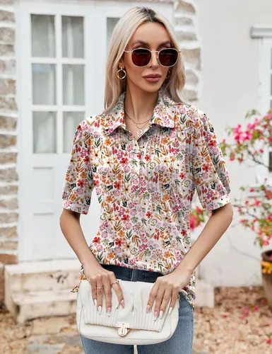Vista 5 de Micoson Blusas para mujer, estilo casual, de manga corta, con botones, cuello redondo, holgada, túnica de verano 2023