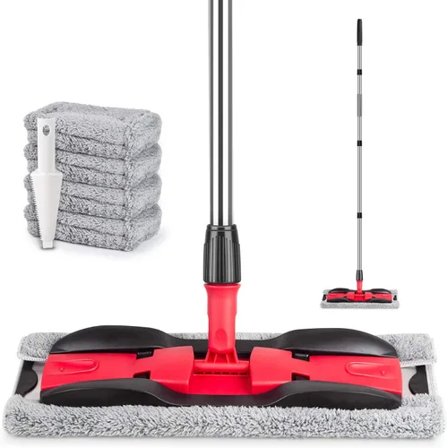 Vista 6 de Trapeadores de microfibra para limpieza de suelos: fregona plana con 4 almohadillas lavables 59" Adjustable Handle, 360° Rotating Head, Commercial