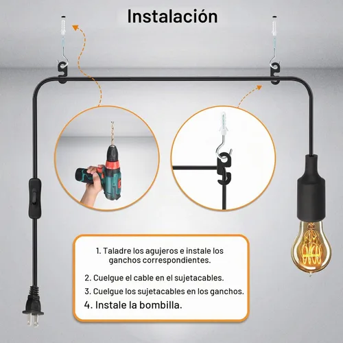 Vista 4 de Enchufe de cable de luz colgante de 15 pies, enchufe de lámpara colgante E26 con interruptor de encendido y apagado, base E27, cable de extensión