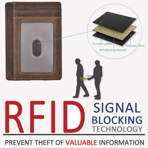Vista 6 de kinzd Cartera delgada minimalista con bolsillo frontal RFID para tarjetas de crédito para hombres y mujeres, Marrón