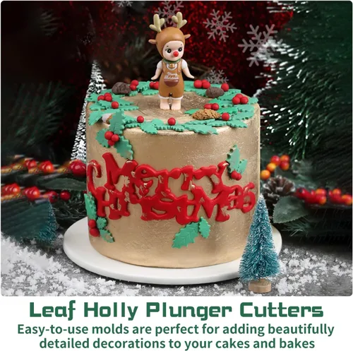 Vista 7 de KALAIEN 3 unids Holly Leaf Plunger Cutter Fondant Hornear Herramientas Cake Cookie Sugarcraft Decoración Molde
