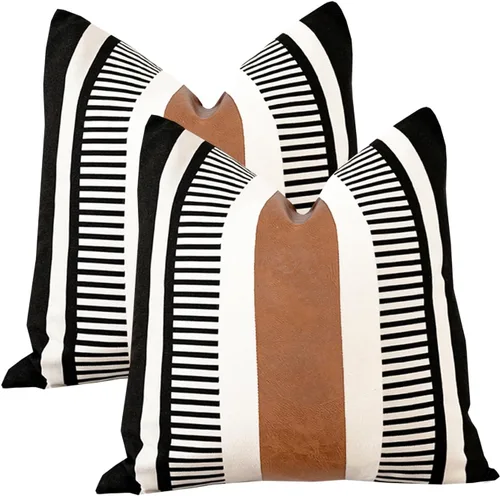 Vista 26 de Juego de 2 fundas de almohada bohemias a rayas de 16 x 16 pulgadas, fundas de almohada de cuero modernas para sofá, cama, decoración de granja