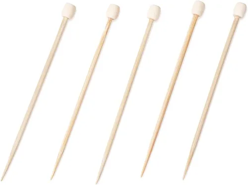 Vista 7 de Púas de cóctel de 3.5 pulgadas, 100 pinchos desechables para aperitivos, parte superior cilíndrica, palillos de dientes decorativos de bambú