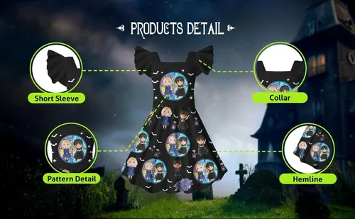 Vista 2 de Prinlky Vestido negro para niñas, disfraz familiar, disfraz de Halloween, fiesta de cosplay para niños de 5 a 12 años