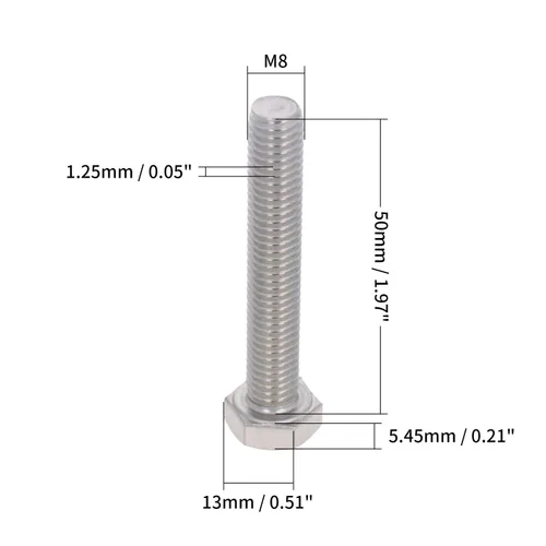 Vista 2 de Perno hexagonal M8-0.049x1.969 in Acero inoxidable totalmente roscado Tornillos hexagonales de cabeza hexagonal exterior Tornillos de máquina