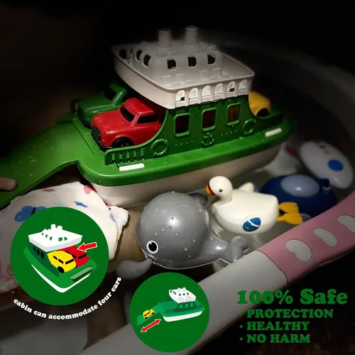 Vista 8 de Barco Ferry con 4 Coches y 4 Juguetes de Baño de Cuerda, Juguete de Baño para Niños Vehículo Flotante Ballenas Submarinos Cisnes Cohetes, Conjunto