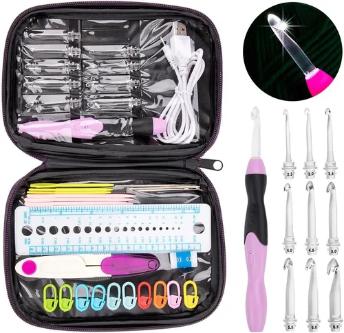 Vista 8 de Vidillo Juego de luces de ganchillo con funda, ganchos ergonómicos recargables iluminados, 9 ganchos intercambiables con una funda de ganchillo