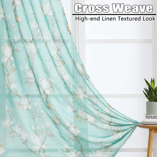 Vista 5 de SMILE WEAVER 2 paneles de cortinas traslúcidas turquesa de 45 pulgadas de largo, para sala de estar, cortinas semitransparentes florales