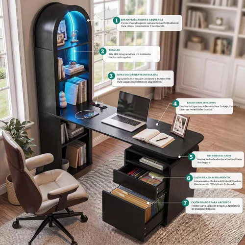 Vista 7 de YITAHOME Escritorio para computadora de 59 pulgadas con luces LED y tomas de corriente, escritorio de oficina en casa con estantería, cajón de Negro