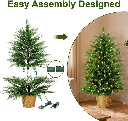 Vista 8 de Árbol de Navidad de cedro artificial preiluminado de 3 pies con luces enchufables, árbol de Navidad en maceta de cedro sintético en cesta decorativa