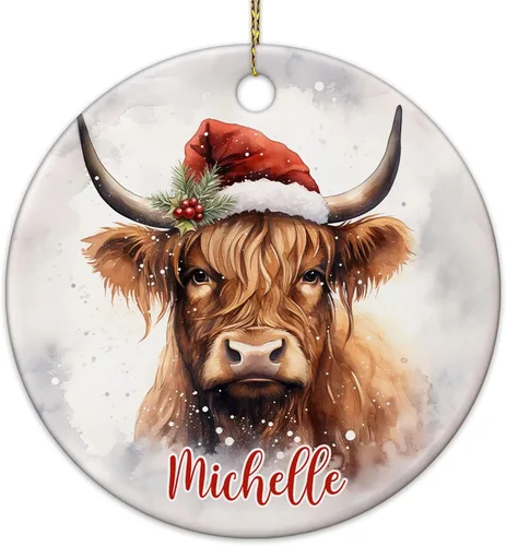 Vista 7 de Hyturtle Regalos de Adornos de Navidad Personalizados para Amantes de Vacas Highland - Adorno de Cerámica Navideño de Vaca Highland con Nombre