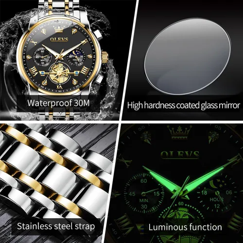 Vista 6 de OUPINKE Mens Watches Fashion Sport WristWatches Multifunction Chronograph Analog Quartz Luminous Waterproof Calendar Stainless Steel Bracelet