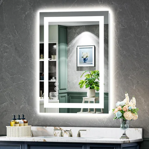 Vista 14 de Espejo de baño LED de 24x30 pulgadas con luces, espejo de tocador frontal y retroiluminado para pared de baño con 3 colores, regulable