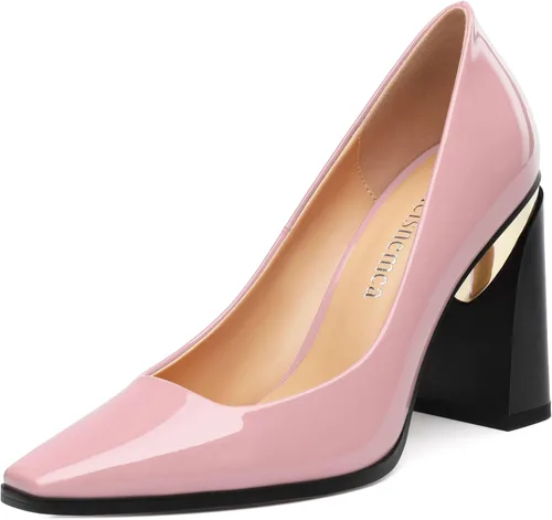 Vista 26 de Tacones altos para mujer, zapatos de vestir de tacón grueso con puntera cuadrada cerrada de patente, tacones elegantes, zapatos de vestir diarios