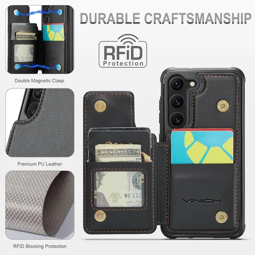 Vista 2 de Vinich - Funda tipo cartera para Samsung Galaxy S23 con tarjetero, color negro Ranuras de crédito con bloqueo RFID, soporte para teléfono a prueba