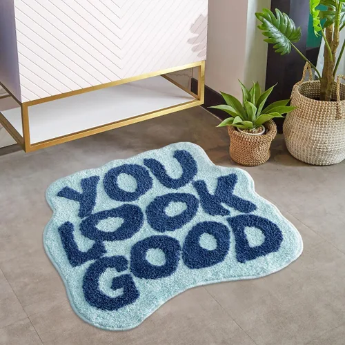 Vista 12 de Alfombra de baño negra con texto en inglés "You Look Good", alfombra de baño divertida, bonita, antideslizante, de microfibra, de felpa, pequeña