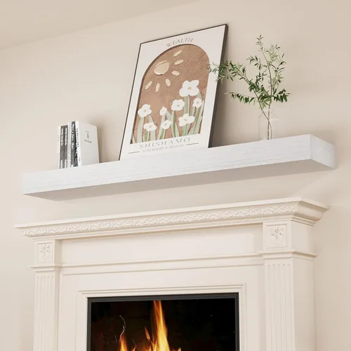 Vista 9 de SAUMONIERES Estantes para chimenea de madera maciza de 48 pulgadas, para montar en la pared, estantes flotantes largos, huecos, color marrón