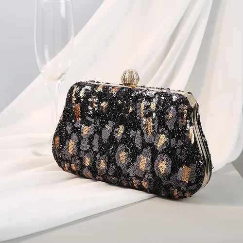 Vista 5 de Bolso de noche de lentejuelas brillantes para mujer, bolso de hombro con estampado de leopardo, bolso de fiesta de graduación