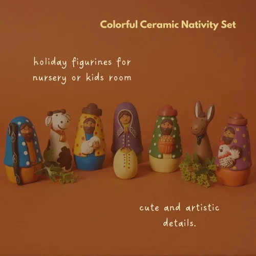 Vista 2 de Juego de Belén colorido, decoraciones navideñas, figuras coleccionables, escena del pesebre de la Sagrada Familia del Niño Jesús, decoración