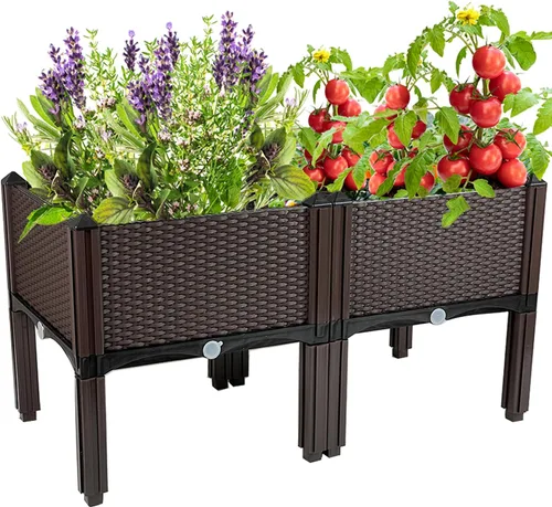 Vista 9 de Macetas elevadas de plástico para cama de jardín elevada con patas para plantas al aire libre, kits de caja con agujeros de drenaje para patio