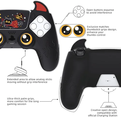 Vista 7 de PlayVital Cute Demon Controller Funda de silicona para ps5, funda de controlador Kawaii Gamepad Protector de piel para ps5 con adhesivo táctil