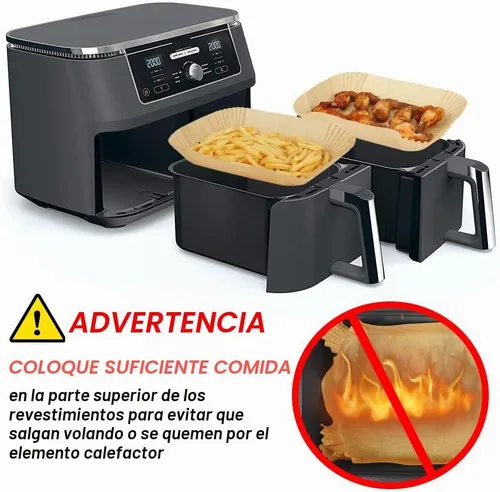 Vista 6 de BYKITCHEN Forros de papel desechables para freidora de aire Ninja Dual Airfryer, 100 PCS hojas de papel pergamino rectangulares para freidora