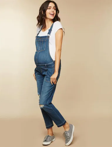 Vista 2 de Motherhood Maternity Overol de mezclilla ajustado con panel lateral azul índigo para mujer Azul Patchwork