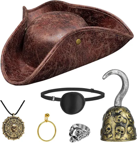 Vista 7 de Servllcell 6 piezas de sombrero de pirata, accesorios de disfraz de pirata para hombre con parche de ojo, collar de calavera, gancho de anillo