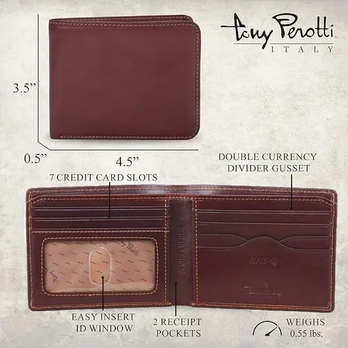 Vista 3 de Tony Perotti Billetera plegable de piel italiana para hombre con tarjeteros, bolsillos, ventana de identificación, cartera ecológica de cuero