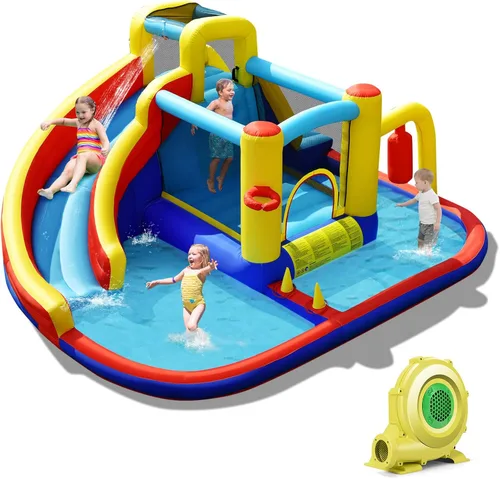 Vista 9 de BOUNTECH Tobogán acuático inflable, castillo de salto de parque acuático para niños con gran piscina de salpicaduras, 2 paredes de escalada