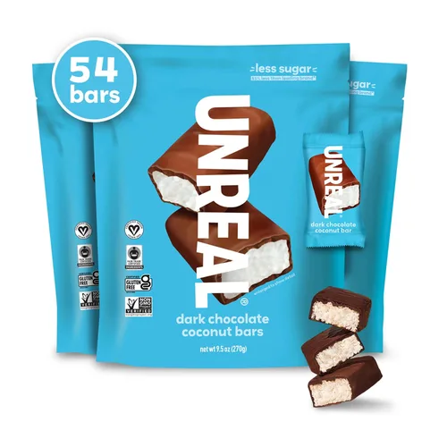 Vista 9 de UNREAL Barras de Chocolate Oscuro con Coco (Bolsa Tamaño Económico) Veganas, 3g de Azúcar y 3 Ingredientes Simples Sin OMG, Sin Gluten