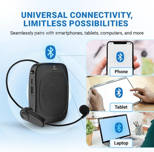 Vista 4 de Amplificador de voz inalámbrico con micrófono de auriculares, amplificador Bluetooth inalámbrico personal con micrófono, micrófono inalámbrico