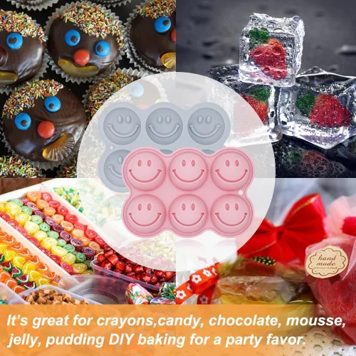 Vista 13 de Paquete de 2 moldes de silicona para gelatina de cara sonriente en 3D, molde para hornear con temática de emoticonos, bandeja de cubitos de hielo