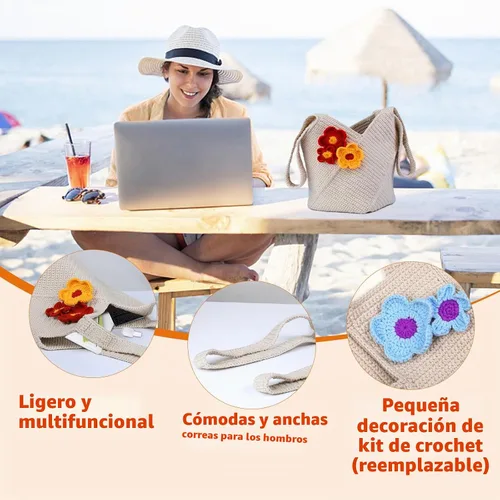 Vista 5 de Pnytty Beginner Crochet Kit for Adults, Shoulder Bag Crochet Starter Kit Beige