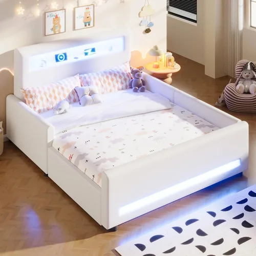 Vista 12 de Base de cama tapizada de tamaño individual con cajón de almacenamiento y cabecera de estante, cama suave de piel sintética con luz LED, carga USB