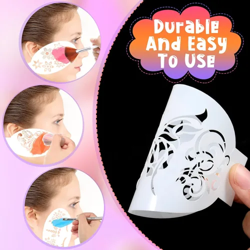 Vista 4 de Chinco 24 plantillas de pintura facial, plantillas de tatuajes faciales y corporales, plantillas de pintura para niños, vacaciones, Halloween