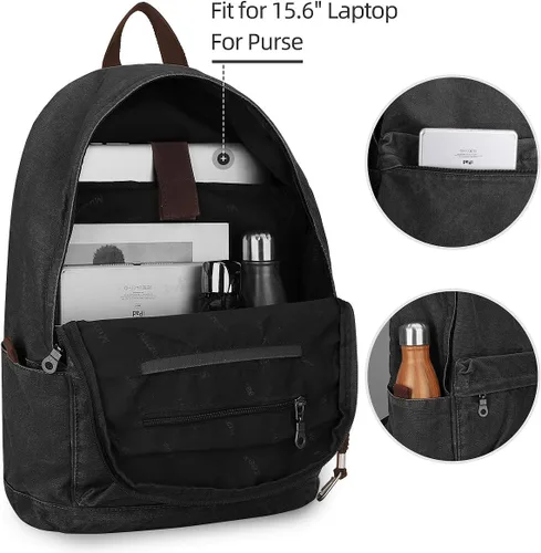 Vista 2 de Mochila de lona Muzee para hombres y mujeres con compartimento para laptop Negro