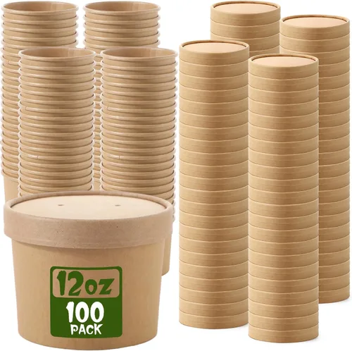 Vista 11 de Fulmoon Paquete de 100 recipientes de papel para sopa con tapas, recipientes de papel desechables para alimentos con tapa ventilada, tazas de postre