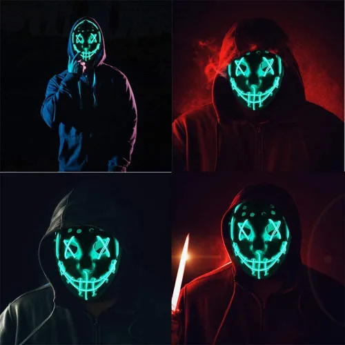 Vista 4 de Máscara de la Purga con luz LED Jason, máscara de miedo de Halloween para niños, adultos, hombres y mujeres, fiesta de festival de Halloween