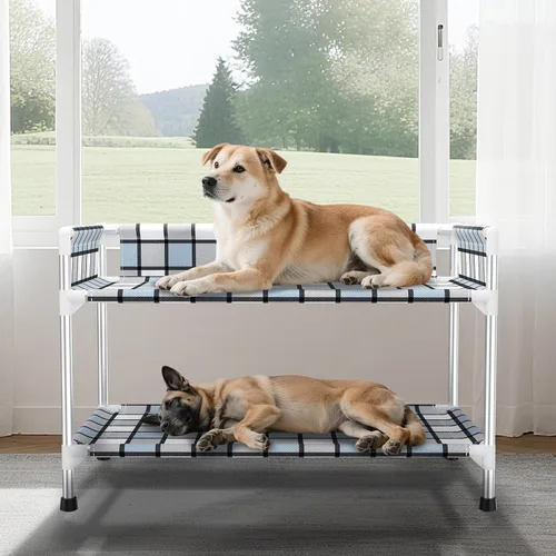 Vista 8 de Litera para Perros con Ventana de Cabecera - Cama Doble Elevada para Perros y Humanos con Barandilla de 2 Capas, Percha de Ventana para Perros, Cuna