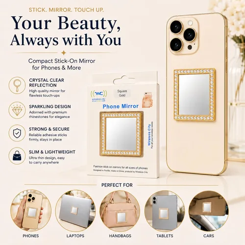 Vista 4 de Wireless City Espejo cuadrado para teléfono, espejo de maquillaje con diamantes dorados con circonita cúbica, adhesivo de espejo de 2.0 in