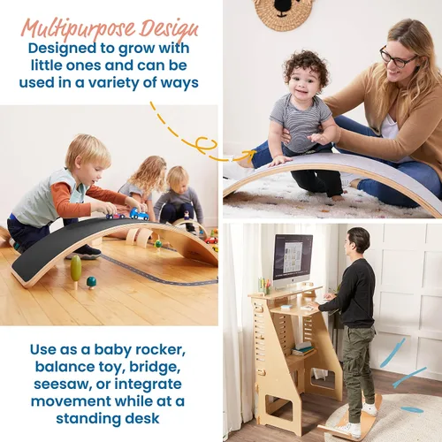Vista 4 de ECR4Kids Tabla de Equilibrio con Base de Felpa, Juguete Montessori, Negro Felt non-slip Montessori balance board helps develop & improve balance
